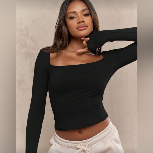 Missguided Black Long Sleeve Contour Crop Top - Picture 2 of 2